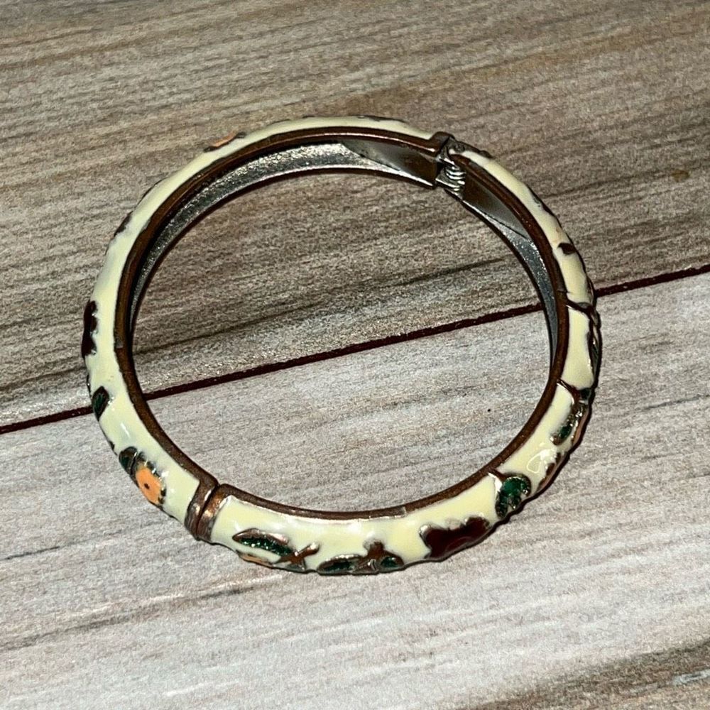 Floral Cloisonné Hinged Bracelet Womens Cream And Multi Colored Cottagecore Boho - Picture 5 of 8